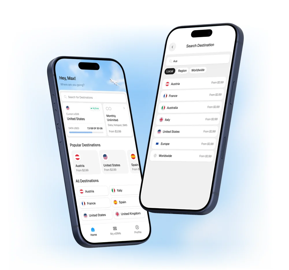 Portofly eSIM app shown on two phones